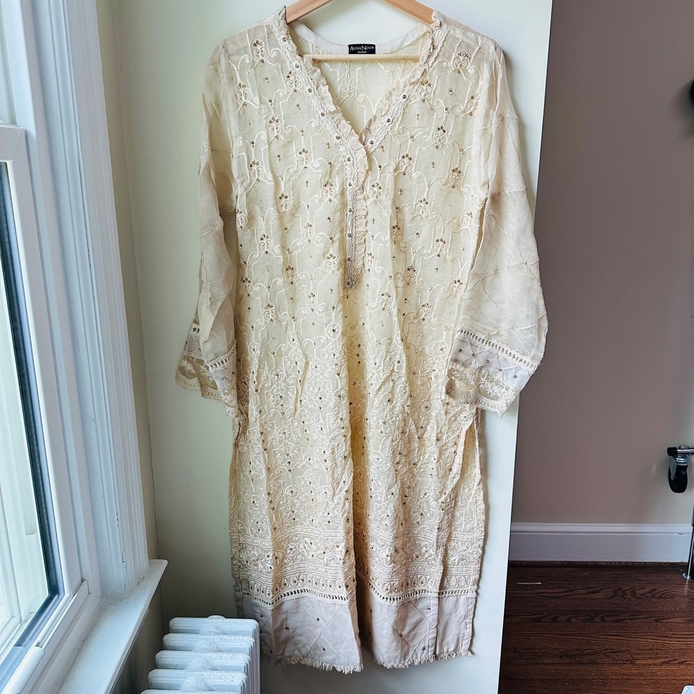 Agha Noor Kurta Tunic Cream Embroidered Organza Medium Wedding Eid Formal - Picture 2 of 9